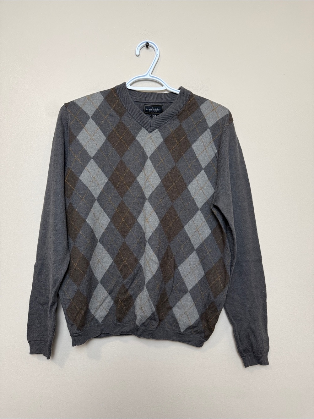 Vintage Denver Hayes Argyle V-Neck Merino Wool Sweater size M